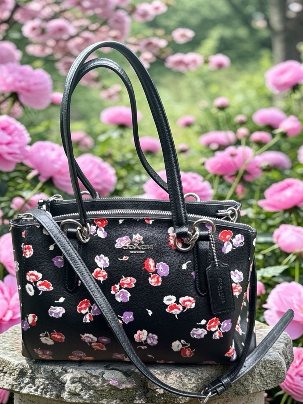 Coach Black Wildflower Christie Carryall/Two Way/Silver/Zip/Dust Bag. EUC